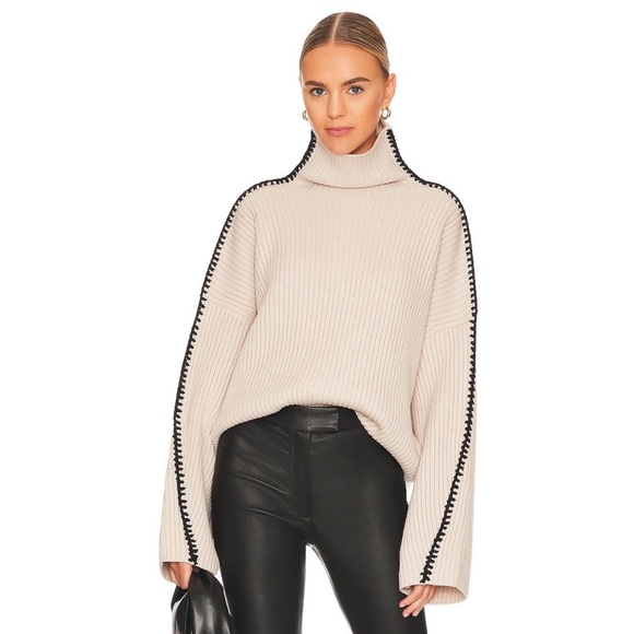 Rag‎ & Bone Ingrid Ribbed Turtleneck Stitch Detail Wool Sweater in Ivory Cream